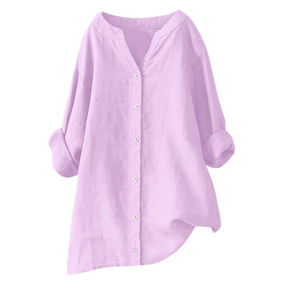 Gswybco Oversized Linen Shirts for Women Split Neck Solid Tunic Tops Fall Long Sleeve High Low Button Down Blouses