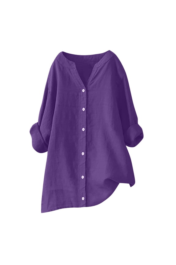 Oversized Linen Shirts for Women Split Neck Solid Tunic Tops Fall Long Sleeve High Low Button Down Blouses