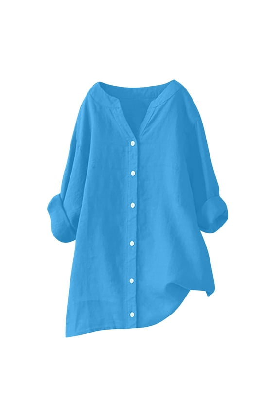 Oversized Linen Shirts for Women Split Neck Solid Tunic Tops Fall Long Sleeve High Low Button Down Blouses