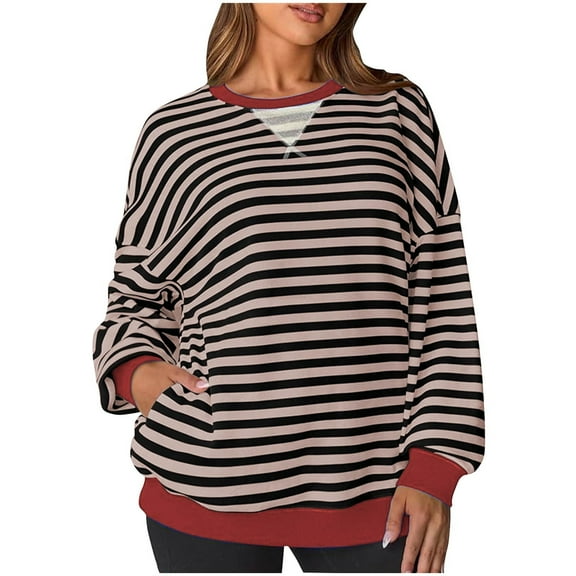 Gnshining Oversized Striped Sweatshirt for Women Long Sleeve Crew Neck Tunic Pullovers Fall Fashion Loose Casual Color Block Tops