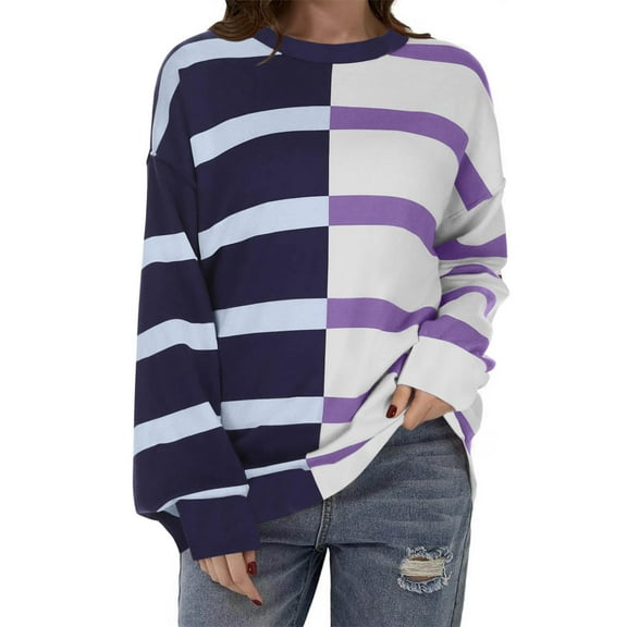 Gnshining Oversized Sweater for Women Color Block Long Sleeve Tunic Tops Fall Trendy Crew Neck Casual Loose Striped Blouses