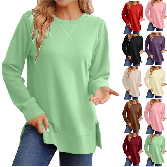 Gswybco Oversized Sweatshirts for Women Casual Long Sleeve Side Slit Tops Fall Fashion Solid Color Crew Neck Tunic Tops