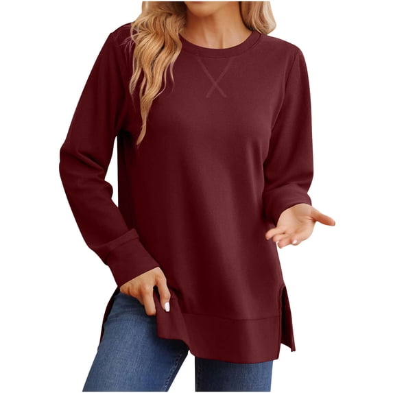 Gnshining Oversized Sweatshirts for Women Casual Long Sleeve Side Slit Tops Fall Fashion Solid Color Crew Neck Tunic Tops