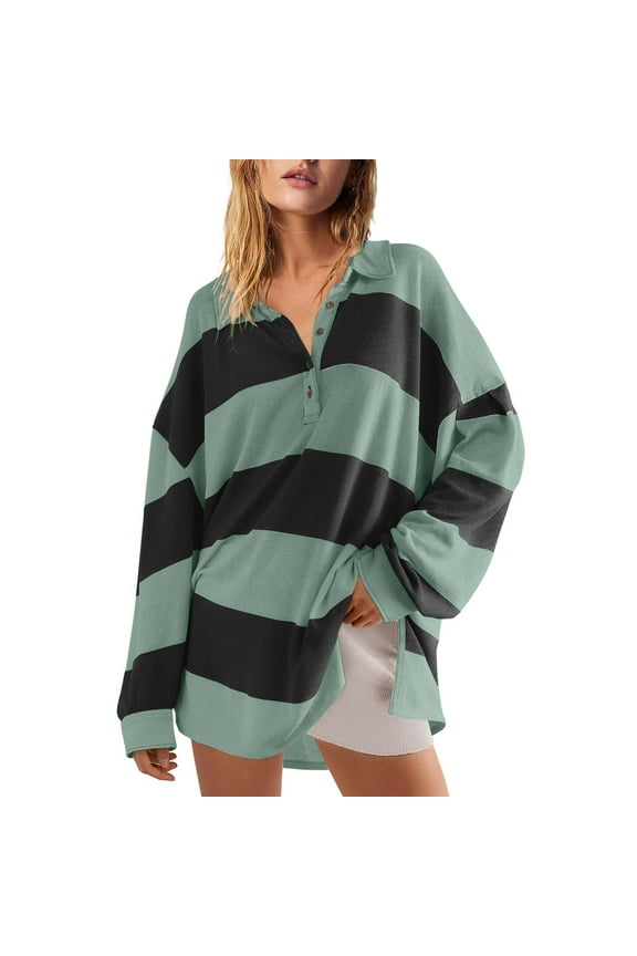 Oversized Sweatshirts for Women Half Button Down Long Sleeve Pullovers Loose Striped Fall Tops