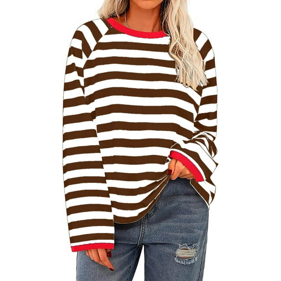 Gnshining Oversized Sweatshirts for Women Striped Long Sleeve Tops Color Block Crew Neck Fall Casual Loose Pullovers