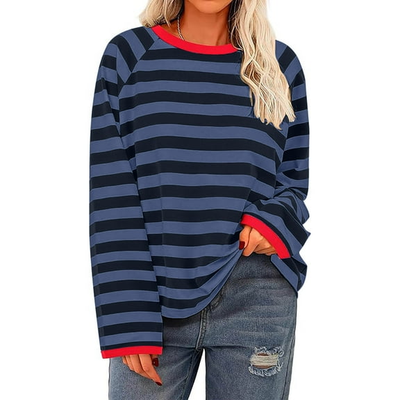 Gnshining Oversized Sweatshirts for Women Striped Long Sleeve Tops Color Block Crew Neck Fall Casual Loose Pullovers