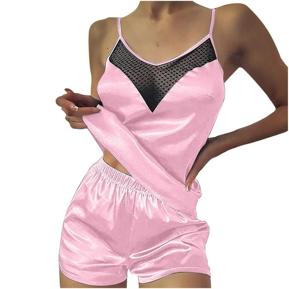 Samickarr Pajama Sets For Women 2 Piece Silk Satin Sleeveless V Neck Lace Patchwork Hollow-out See-Through Tops And Short Pants Solid Color Homewear Nightgowns