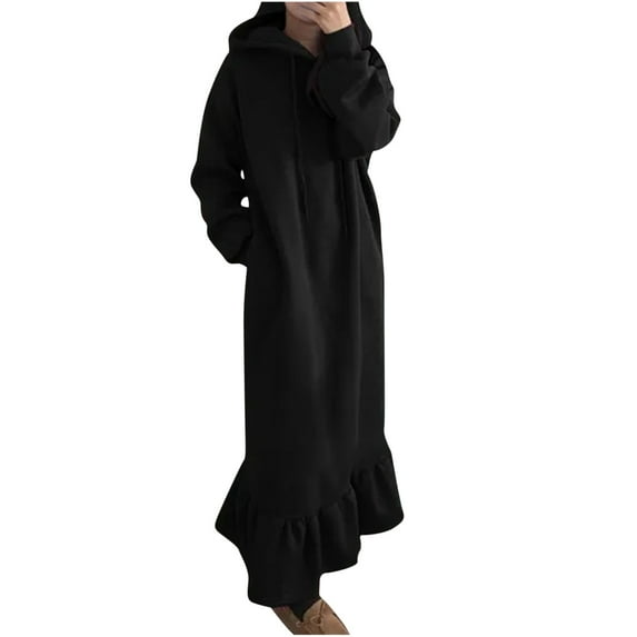 Samickarr Pajamas For Women Nightgown Sleepwear Women's Hooded Winter Warm Color Long Sleeve Pocket Long Dress