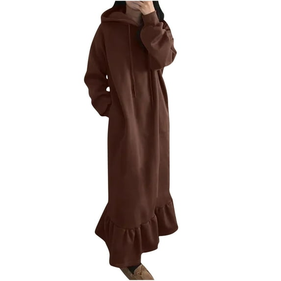 Samickarr Pajamas For Women Nightgown Sleepwear Women's Hooded Winter Warm Color Long Sleeve Pocket Long Dress