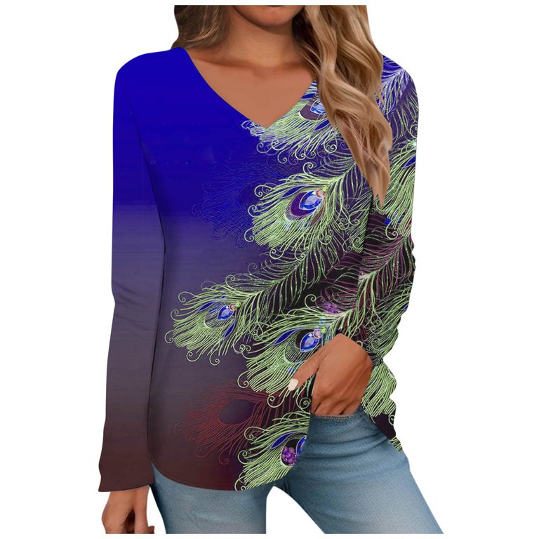 Samickarr Peacock feather Graphic Printed Tops For Women V-Neck 