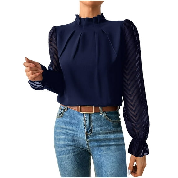 Gnshining Pleated Blouse for Women Long Sleeve Mock Neck Lace Sheer Casual Tops Fall Fashion Solid Color Outfits