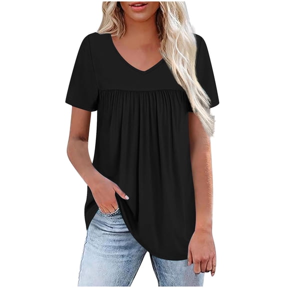 Gnshining Summer Tunic Tops for Women Pleated Blouse V-Neck Sweatshirts Loose Pullovers Short Sleeve T-Shirt