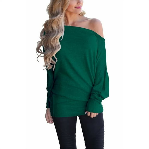 Samickarr Plus Size Blouses For Women Dressy Casual Long Sleeve Fall Sweatshirt Ladies Solid Color Knit Off Shoulder Long Sleeve T-Shirt Doll Sleeve Top