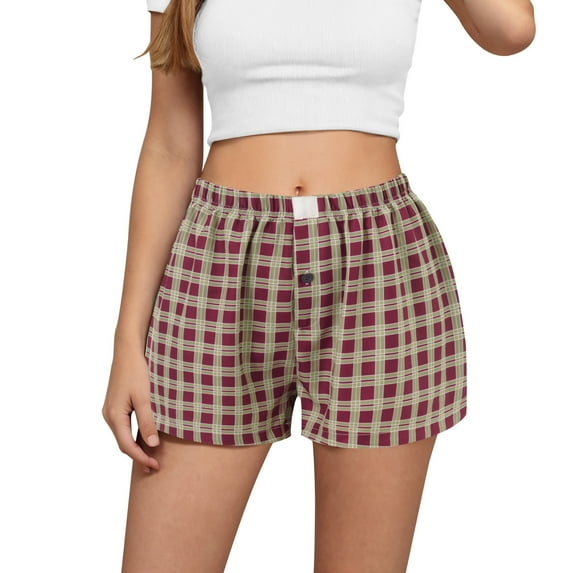 Samickarr Boxer Shorts For Women Linen Shorts For Women Casual Button Front Summer Lounge Shorts Sleepwear Plaid High Waist Wide Leg Checkered Shorts Beach Bottoms With Pockets Women'S Pajama Bottoms