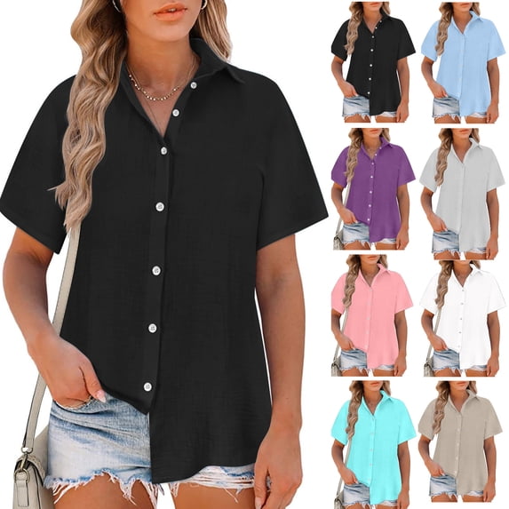 Samickarr Plus Size Linen Button Down Shirt For Women Summer Tops Short Sleeve Blouse Casual Turn-Down Collar Dress Shirts V Neck Work Blouses Collared Tops Beach Tops