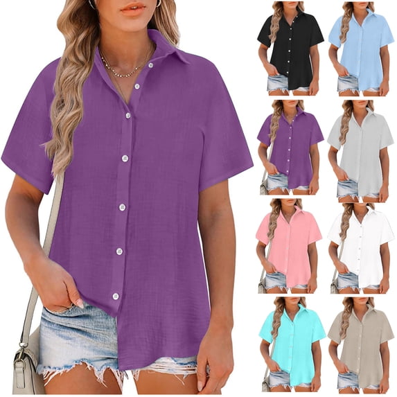 Samickarr Plus Size Linen Button Down Shirt For Women Summer Tops Short Sleeve Blouse Casual Turn-Down Collar Dress Shirts V Neck Work Blouses Collared Tops Beach Tops