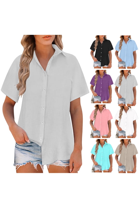 Plus Size Linen Button Down Shirt For Women Summer Tops Short Sleeve Blouse Casual Turn-Down Collar Dress Shirts V Neck Work Blouses Collared Tops Beach Tops