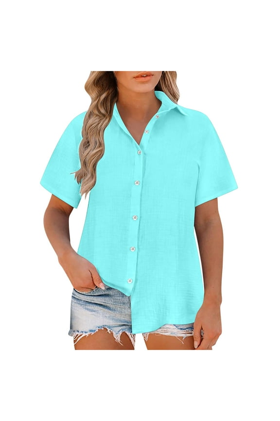 Plus Size Linen Button Down Shirt For Women Summer Tops Short Sleeve Blouse Casual Turn-Down Collar Dress Shirts V Neck Work Blouses Collared Tops Beach Tops