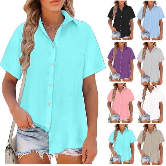 Samickarr Plus Size Linen Button Down Shirt For Women Summer Tops Short Sleeve Blouse Casual Turn-Down Collar Dress Shirts V Neck Work Blouses Collared Tops Beach Tops