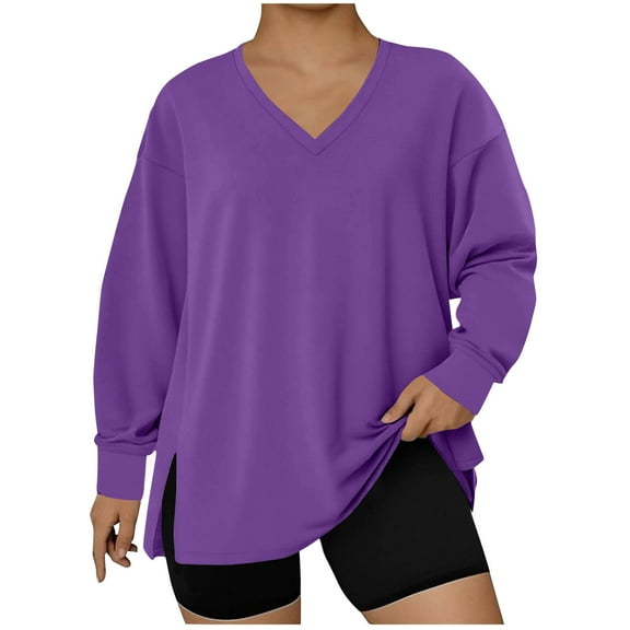 Gnshining Plus Size Shirts for Women Hem Side Slit Pullover Fall Long Sleeve V Neck Solid Color Top