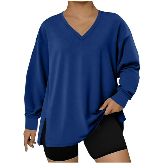 Gswybco Plus Size Shirts for Women Hem Side Slit Pullover Fall Long Sleeve V Neck Solid Color Top