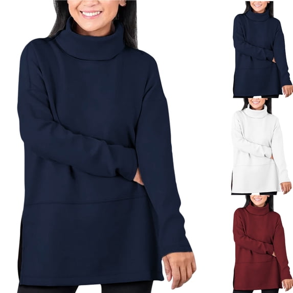 Gswybco Plus Size Sweaters for Women Long Sleeve Turtleneck Side Split Tunic Pullovers Fall Trendy Solid Color Casual Tops
