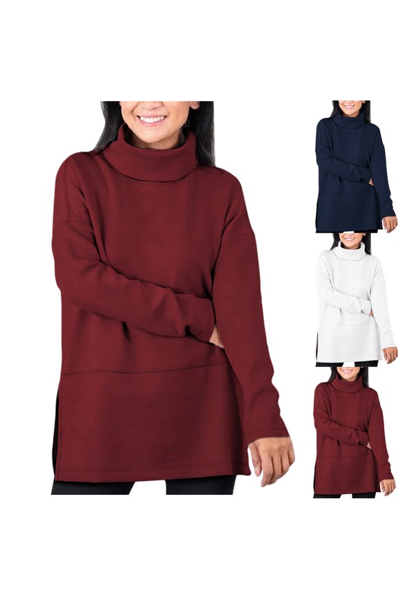 Plus Size Sweaters for Women Long Sleeve Turtleneck Side Split Tunic Pullovers Fall Trendy Solid Color Casual Tops
