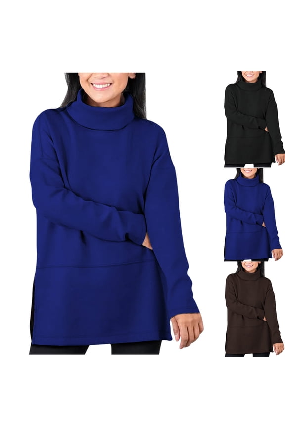 Plus Size Sweaters for Women Long Sleeve Turtleneck Side Split Tunic Pullovers Fall Trendy Solid Color Casual Tops