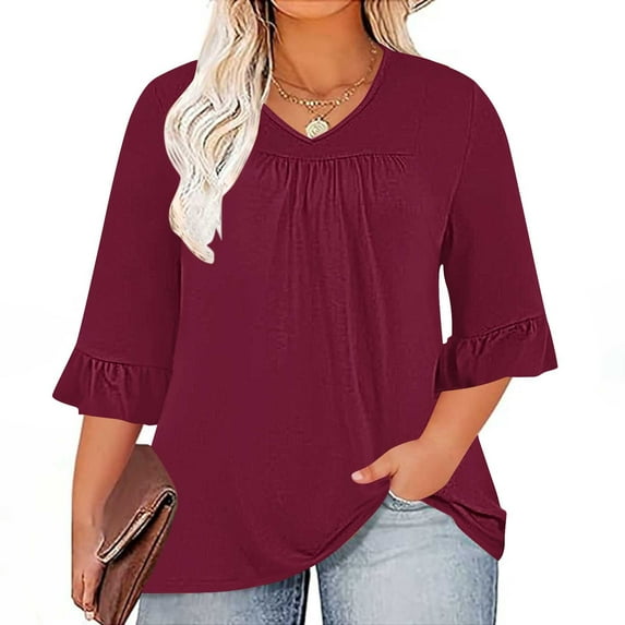 Gnshining Plus Size Sweatshirts for Women 3/4 Ruffled Sleeve V Neck Blouses Loose Fall Fashion Solid Color Casual Tunic Tops