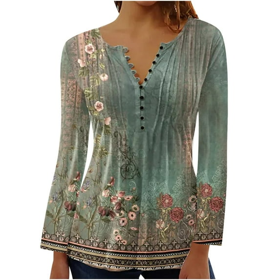 Samickarr Plus Size Tunic Tops For Women To Wear With Leggings Casual Loose Fit Floral Long Sleeve Blouse For Work Summer Tops Pleated V-Neck Button-Down Shirts