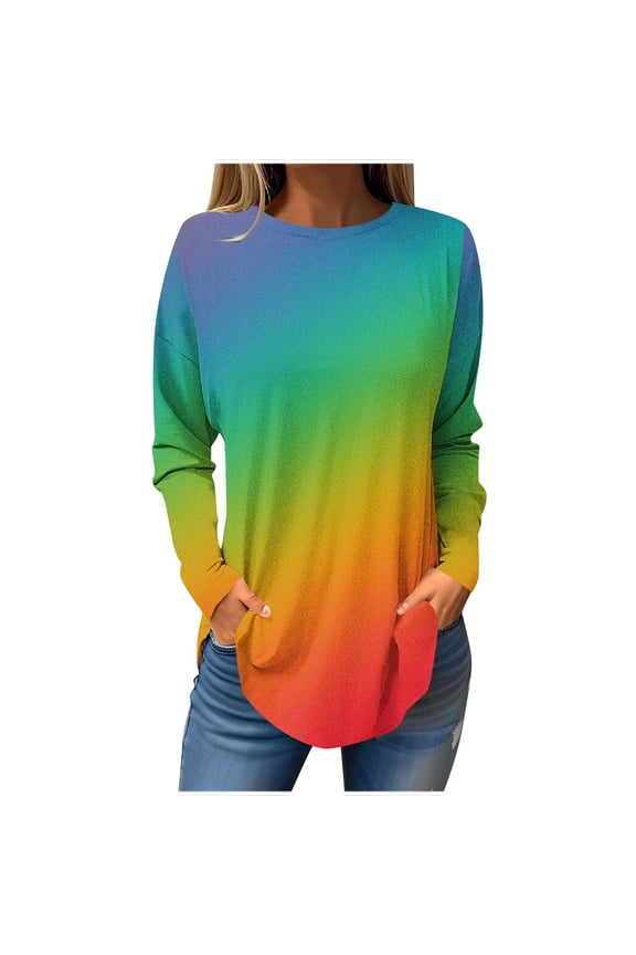 Plus Size Tunic Tops for Women Long Sleeve Crew Neck Casual Loose Blouses Fall Fashion Rainbow Gradient Color Sweatshirts