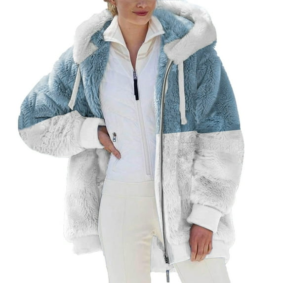 Samickarr Plus Size Winter Coats For Women Womens Winter Fuzzy Fleece Coats Hooded Color Block Patchwork Cardigan Coats Outerwear With Pockets