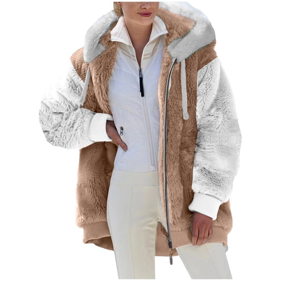 Samickarr Plus Size Winter Coats For Women Womens 2022 Winter Fuzzy Fleece Coats Hooded Color Block Patchwork Cardigan Coats Outerwear With Pockets