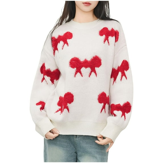 Gnshining Pullover Knitted Sweater for Women Round Neck Multiple Bow Printing Long Sleeved Tops Solid Color Blouses