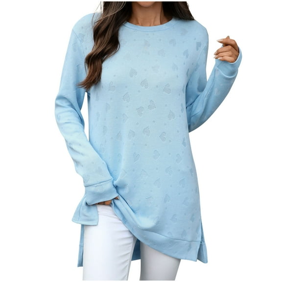 Gnshining Pullover Shirts for Women Long Sleeved Round Neck Side Slit Ribbed Knitted Cuffs Blouses Solid Color Loose Tops