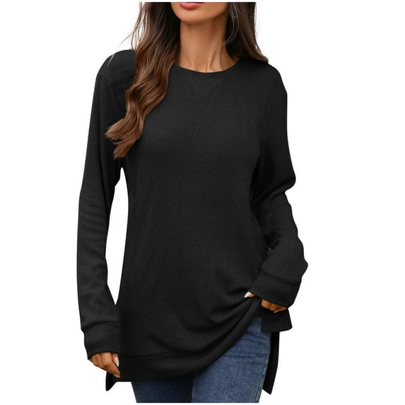Samickarr Pullover Shirts for Women Long Sleeved Round Neck Side Slit Tops Solid Color Loose Blouses
