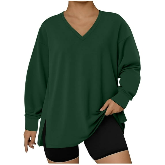 Gswybco Pullover Shirts for Women Plus Size Long Sleeved V Neck Side Slit Tops Solid Color Loose Blouses