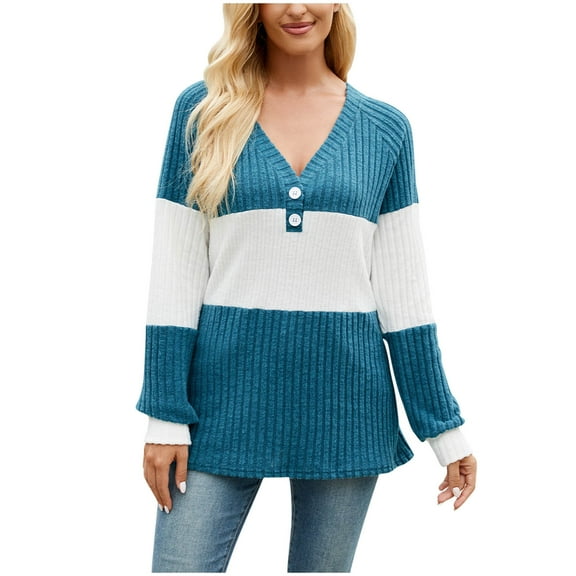 Gnshining Pullover Sweater for Women V-neck Long Sleeved Button Patchwork Ribbed Knitted Cuffs Tops Loose Blouses