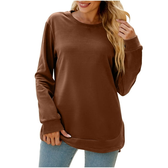 Samickarr Pullover Sweaters For Women Fall Sweatshirt Tunic Tops For Women To Wear With Leggings Women's Solid Round Neck Pleated Long Sleeve Irregular Bottom Loose T-shirt Top