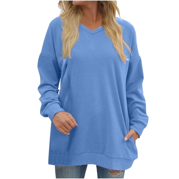 Samickarr Pullover Sweaters For Women Fall Sweatshirt Tunic Tops For Women To Wear With Leggings Women Long Sleeves Casual Shirts Color V-Neck Pokets Sweatshirt Pullover Loose Tunic Tops