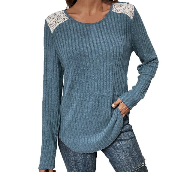 Samickarr Pullover Sweaters For Women Fall Sweatshirt Tunic Tops For Women To Wear With Leggings Women's Round Neck Color Stripe Brushed Lace Patchwork Long Sleeved