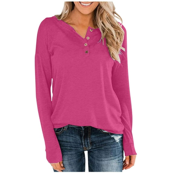 Gswybco Pullover Sweatshirts for Women Long Sleeve V-Neck Button Tops Solid Color Loose Blouses