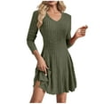 thumbnail image 1 of Gnshining Ribbed Knit Dress for Women Casual V-Neck Pleated Button Down Long Sleeve Knee Length Midi Dresses with Pockets, 1 of 8