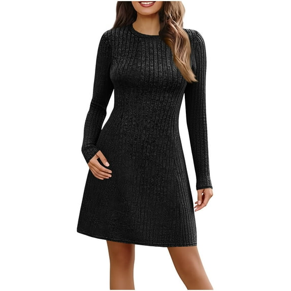 Gnshining Ribbed Knit Dress for Women Long Sleeve Crew Neck Sweater Dress Fall Solid Color Knee Length Midi Dress
