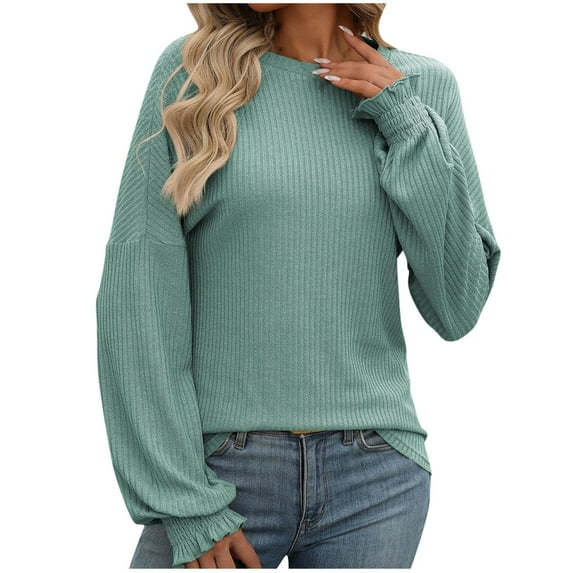 Gnshining Ribbed Knit Sweater for Women Crew Neck Long Sleeve Tunic Tops Fall Fashion Loose Casual Solid Color Shirts