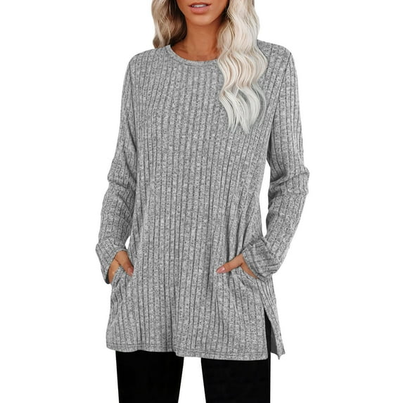 Samickarr Ribbed Knit Sweatershirts for Women Hem Side Slit Pullovers Tops Long Sleeve Fall Tunics Or Tops To Wear with Leggings