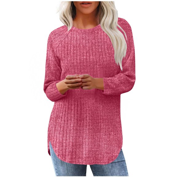 Gswybco Round Neck Pullover Women Bottom Hem Slit Tops 3/4 Sleeve Solid Color Stripes Blouses