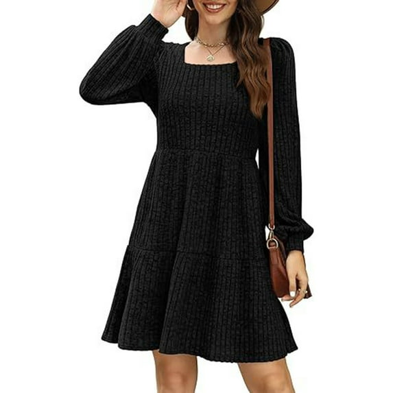 Samickarr Ruched Mini Dresses for Women Knit Sweater Dress Long Sleeve Knee Length Fall Tunic Dresses with Pockets