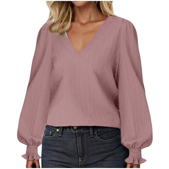 Gswybco Ruffle Cuff Sweatshirts for Women V Neck Long Sleeve Casual Tunic Tops Fall Trendy Lightweight Solid Color Blouse Top