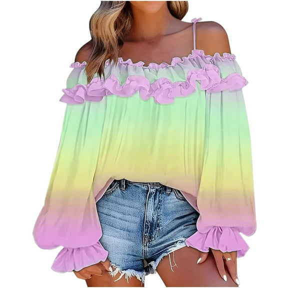 Samickarr Ruffle Trim Off Shoulder Top for Women Gradient Color One Shoulder Ruched Loose Casual Shirred Blouse Long Sleeve Shirts